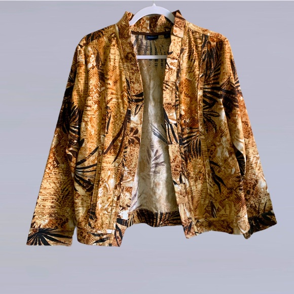 Vacation cotton leaf print open blazer - Picture 1 of 3
